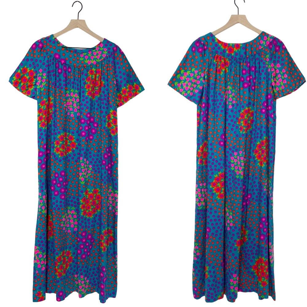 Vintage 1970s neon floral house dress flowy airy comfortable